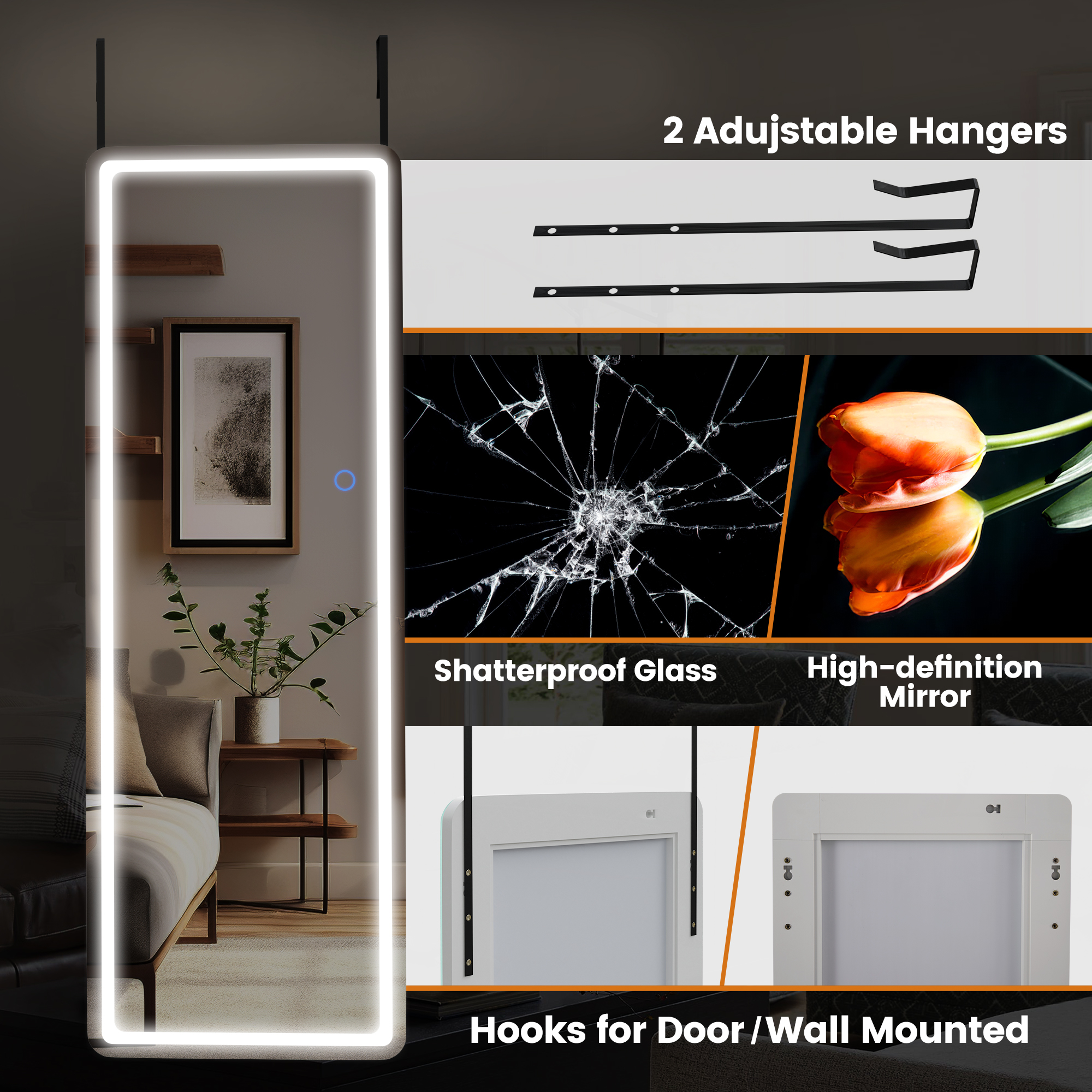47"x16" Mordern Rectangle Hanging LED Mirror Door Mirror Vanity Mirror,White
