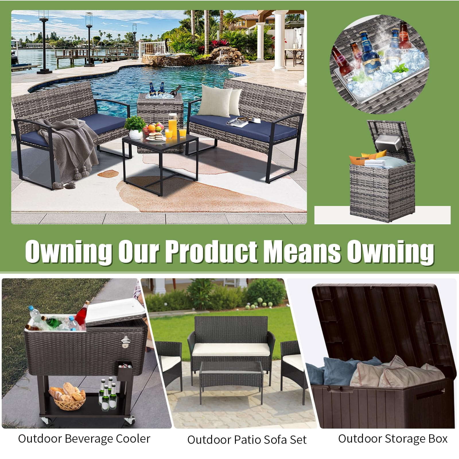 4 Piece Outdoor Patio Furniture Set,Wicker Conversation Sets Patio Sofa Couch with Built-in Beverage Cooler Storage Box & Coffee Table for Outside, Garden, Balcony, Porch,Grey/Blue