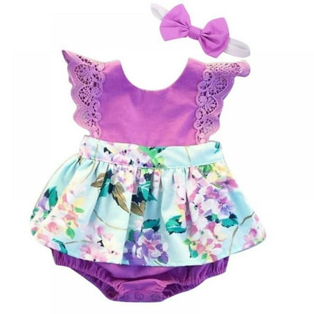 

Baby Girl Jumpsuit Sleeveless Lace Bodysuit Floral Dress Jumpsuit With Headband