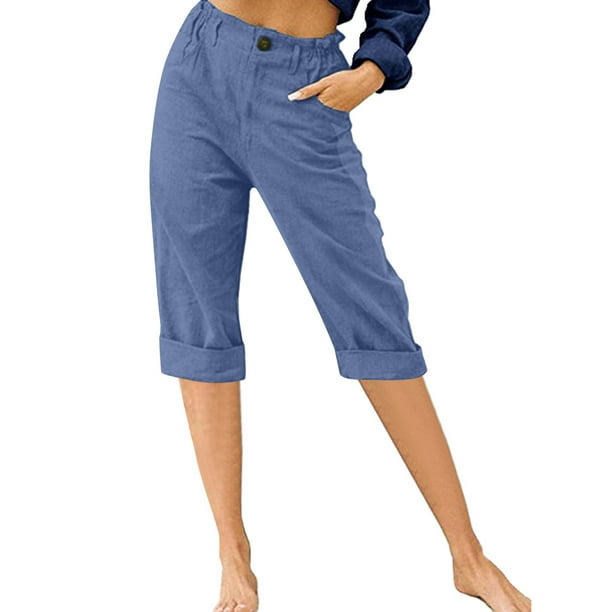 Innerwin Cropped Pant High Waist Women Capri Pants Beach Button Lounge  Capris Denim Blue S 