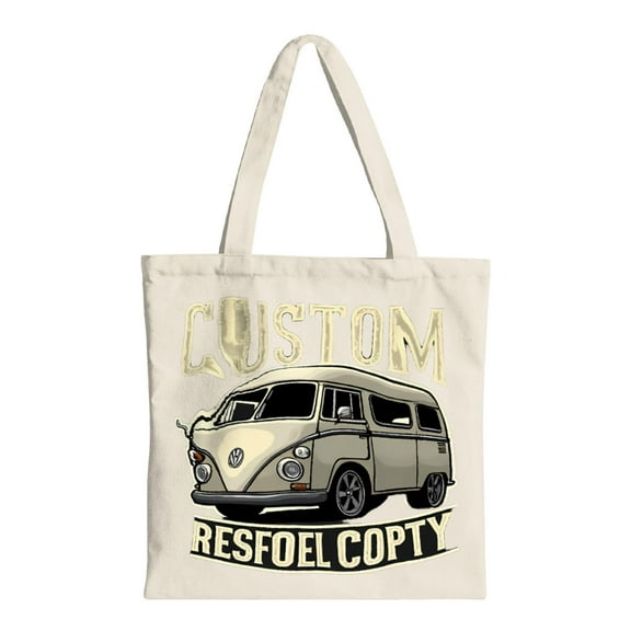 Vintage Van Tote Bag - Custom Graphic Design Beige Canvas Reusable Shopping Bag for Parties Travel & Everyday Use