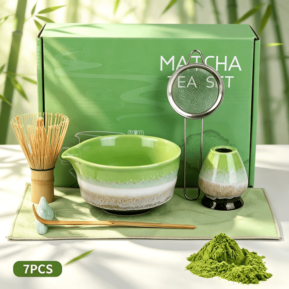 Yucurem 7 Pcs Matcha Whisk Set, Includes Ceramic Matcha Bowl, Whisk, Holder, Bamboo Scoop, Sifter, Tea Towel, Perfect Gift Box for Matcha Lovers, Holidays, Birthday (Green)