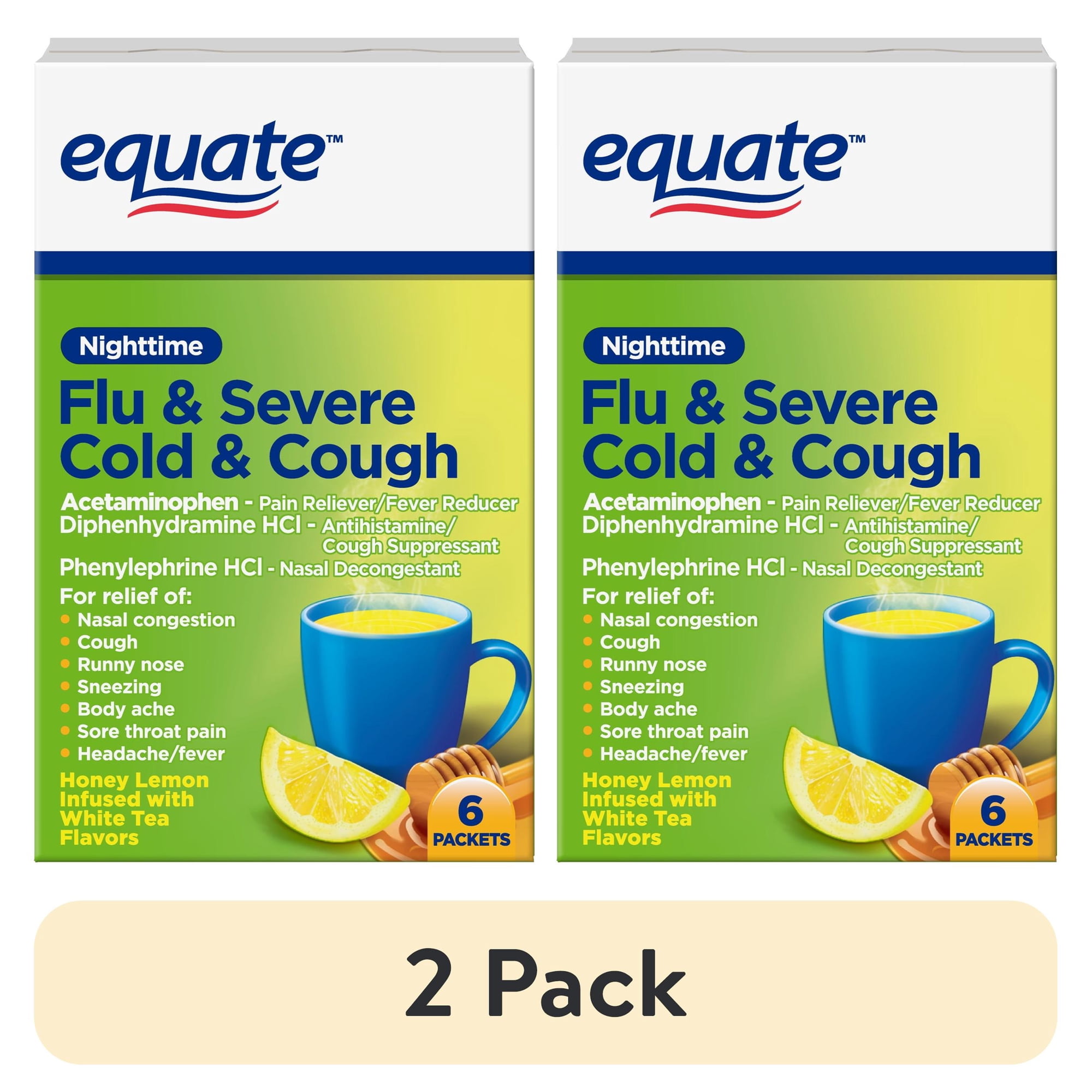(2 pack) Equate Nighttime Severe Cold, Cough & Flu Relief Powder Packets, Honey Lemon, 6 Count