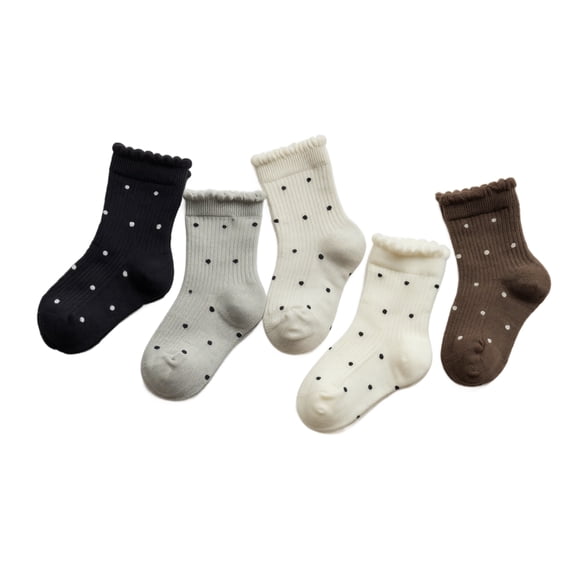 Voska Kids Toddler Crew Socks Polka Dot Crew Socks 5-Pack, Ruffle Cuff Preppy Casual Socks Multicolor L