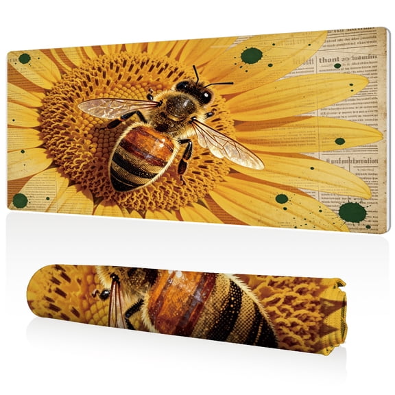 LIVEKEY Extra Large Mouse Pad Bee on Sunflower Design 80x40x0.3cm Full Desk Coverage Non Slip Surface Durable Easy Clean Stitched Edges for Gaming and Office