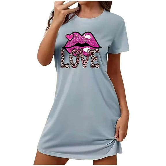VgaVtl Womens Sleepshirts Plus Size Short Sleeve Gray Womens Nightgowns Valentines Day Print Comfy Funny Loose Nightgowns