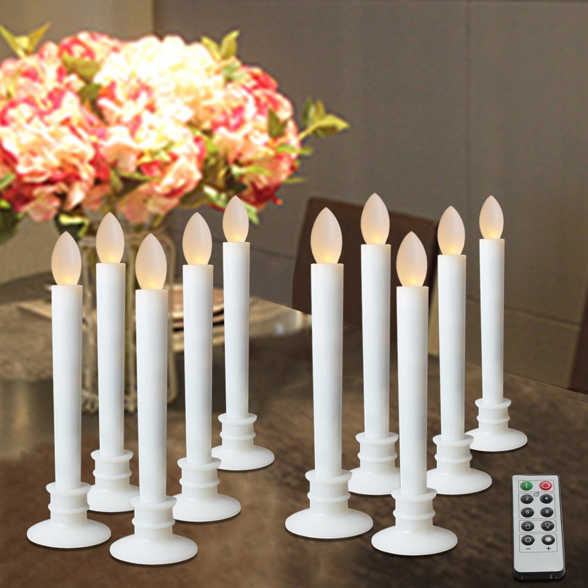 10Pcs LED Flameless Windows Candles Lights Flickering with Remote Timer & Removable Tapers Pillar White Bases for Christmas Party Decorations