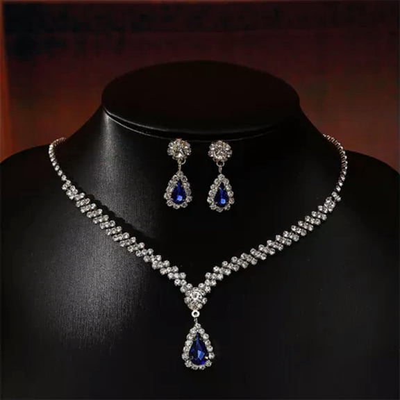GKNET 1 Set Bridal Necklace Earrings Water Drop-shaped Rhinestone Delicate Jewelry For Wedd WY4-Blue