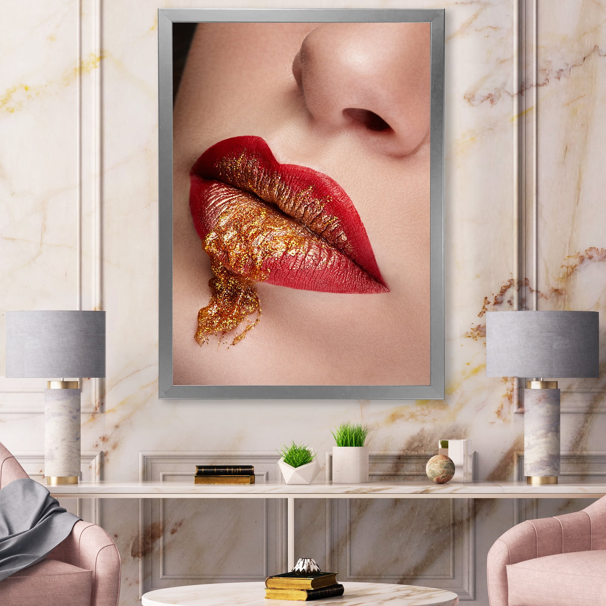 Designart 'Close Up Lips With Gold and Red Make Up' Modern Framed Art Print