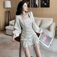 thumbnail image 3 of Col Carré Clavicule Taille Tempérament Robe Femmes Manches Longues Cordon Jupe de Hanche Noir XL, 3 of 6