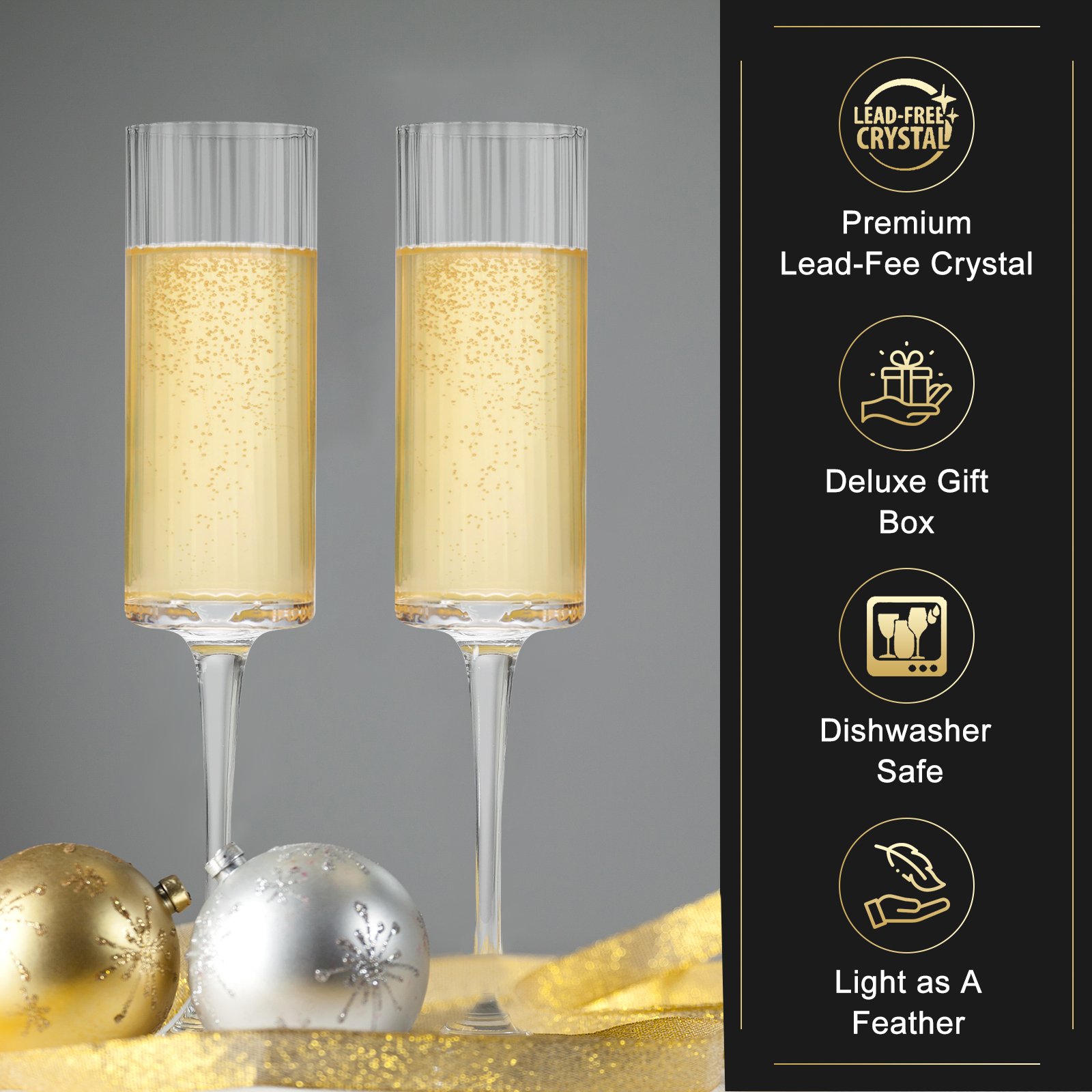 Lead-Free Crystal Champagne Flutes — Luxury Gift Box Set of 2, Dishwasher Safe, Shatterproof Foam Packaging, Perfect for Weddings, Anniversaries, Birthdays & Holidays