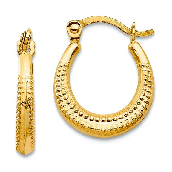 10k Yellow Gold Polished Hinged post Scalloped Textured Hollow Hoop Earrings 15x12mm Wide 3mm Thick Hoop Earring for Wom