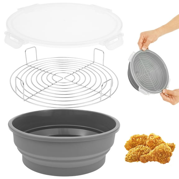 Grusce Foldable Batter Bowl, Large Opening Silicone Breading Shaker Bowl, with Lid and Tray, Collapsible Breading Shaker Container - Great for Fried Fish, Fried Chicken, Onion Rings, Wings
