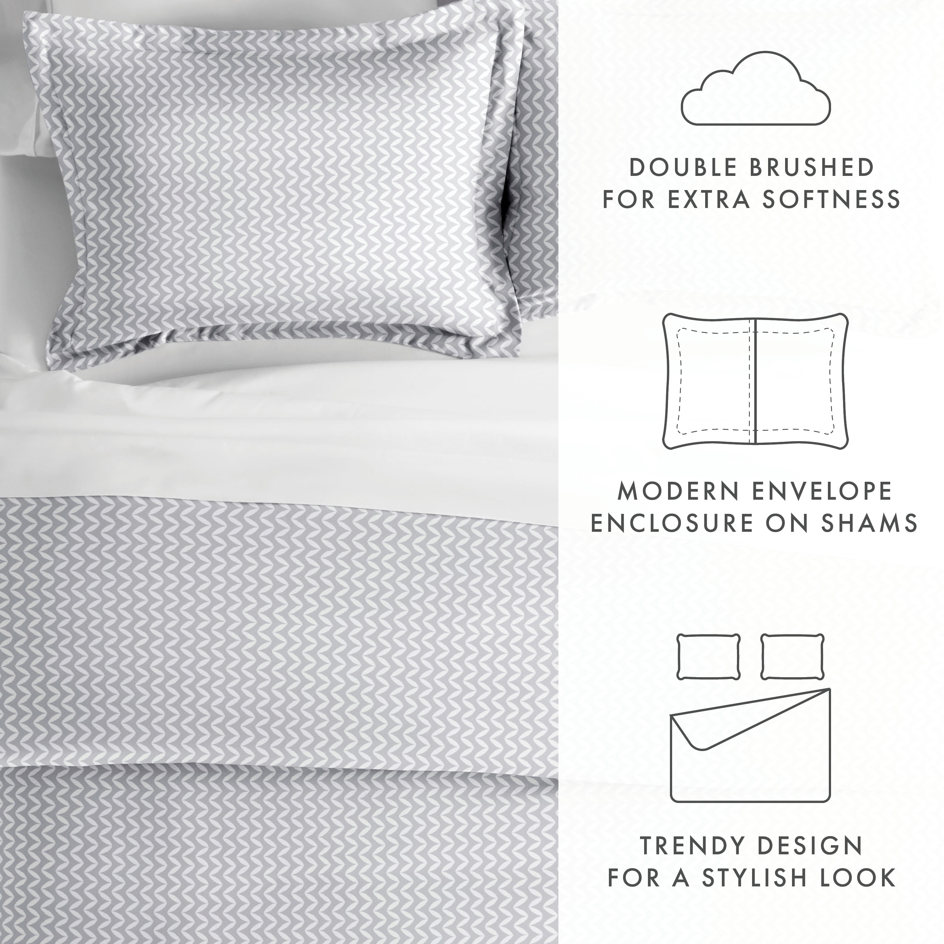 Noble Linens Light Gray Puffed Chevron Print Duvet Set 3-Piece Duvet Cover Set, Full/Queen