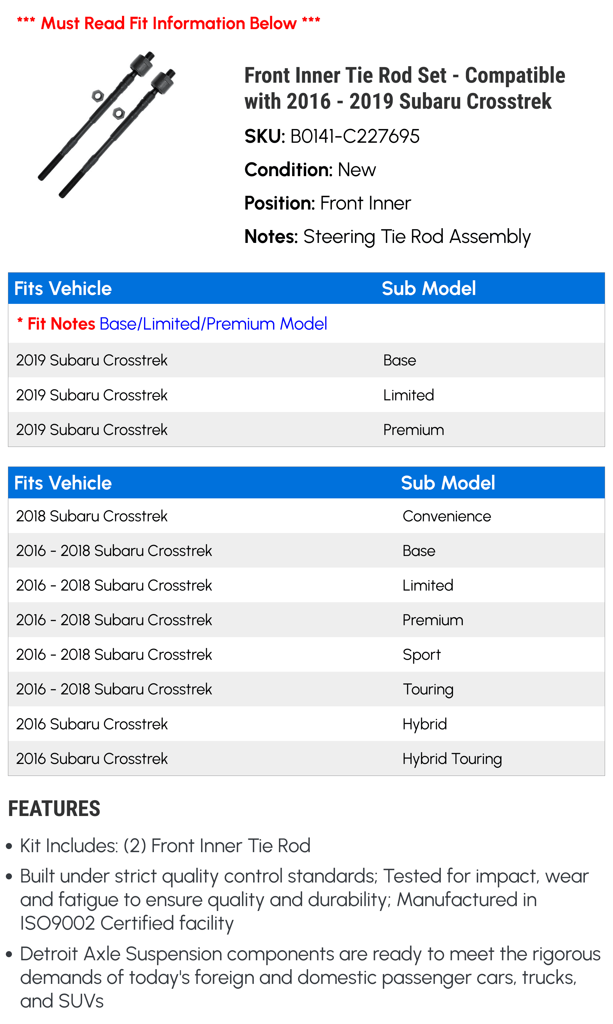 Front Inner Tie Rod Set - Compatible with 2016 - 2019 Subaru Crosstrek 2017 2018