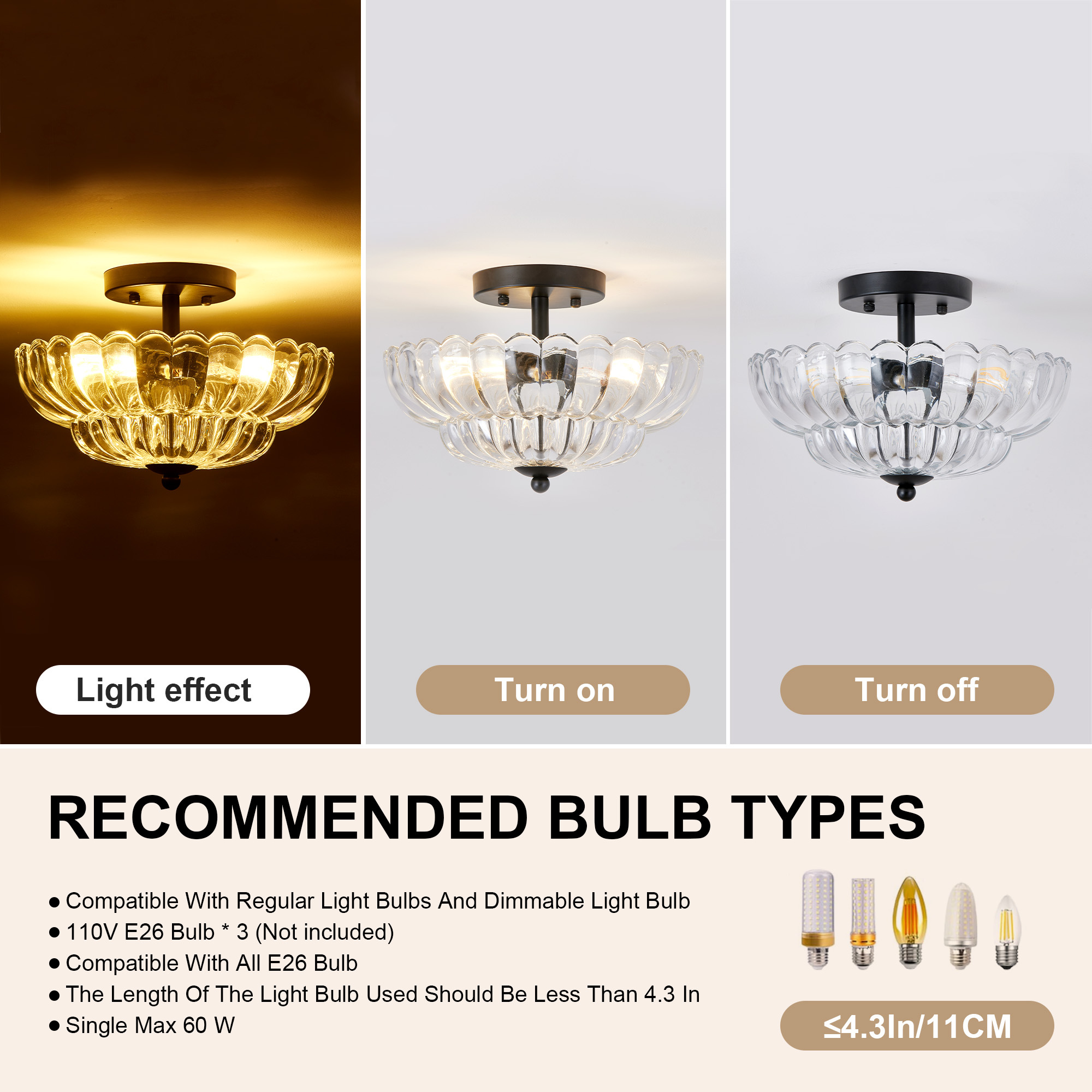 Leumius Semi Flush Mount Ceiling Light, 3-Light Close to Ceiling Light Fixtures with Flower Glass, Vintage Ceiling Lights for Hallway Living Room Kitchen Bedroom Bathroom, Clear+Black