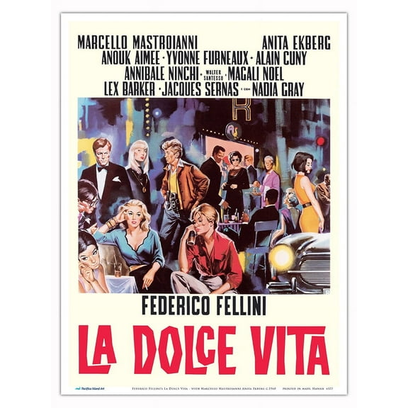 Federico Fellini’s La Dolce Vita - with Marcello Mastroianni Anita Ekberg - Vintage Italian Film Movie Poster by Sandro Simeoni c.1960 - Master Art Print (Unframed) 9in x 12in