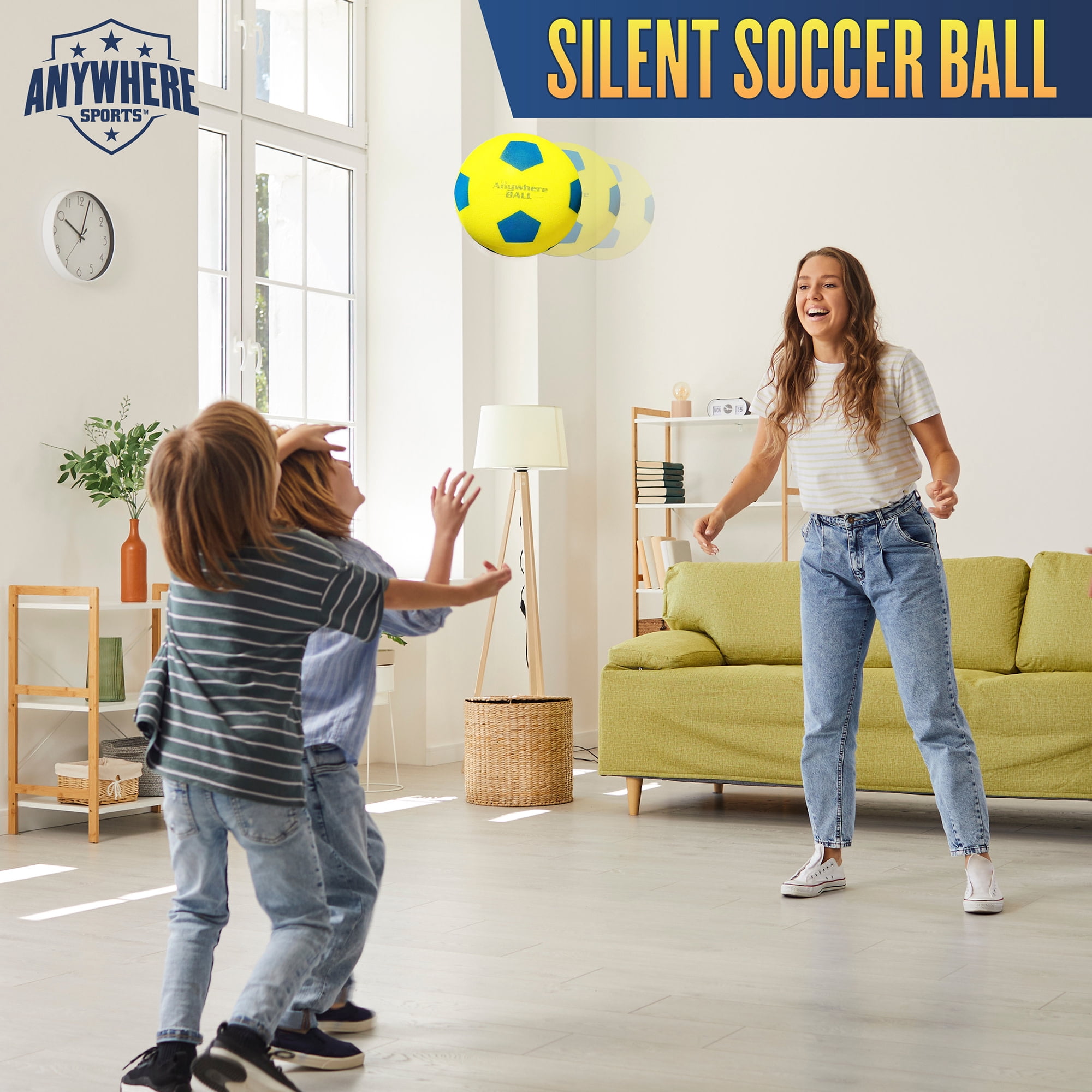 Anywhere Sports: Silent Soccer Ball - 8" Yellow& Blue Squishy Foam Ball, Size 4, Realistic Bounce, Quiet Indoor & Outdoor Play, Waterproof, Kids 3+