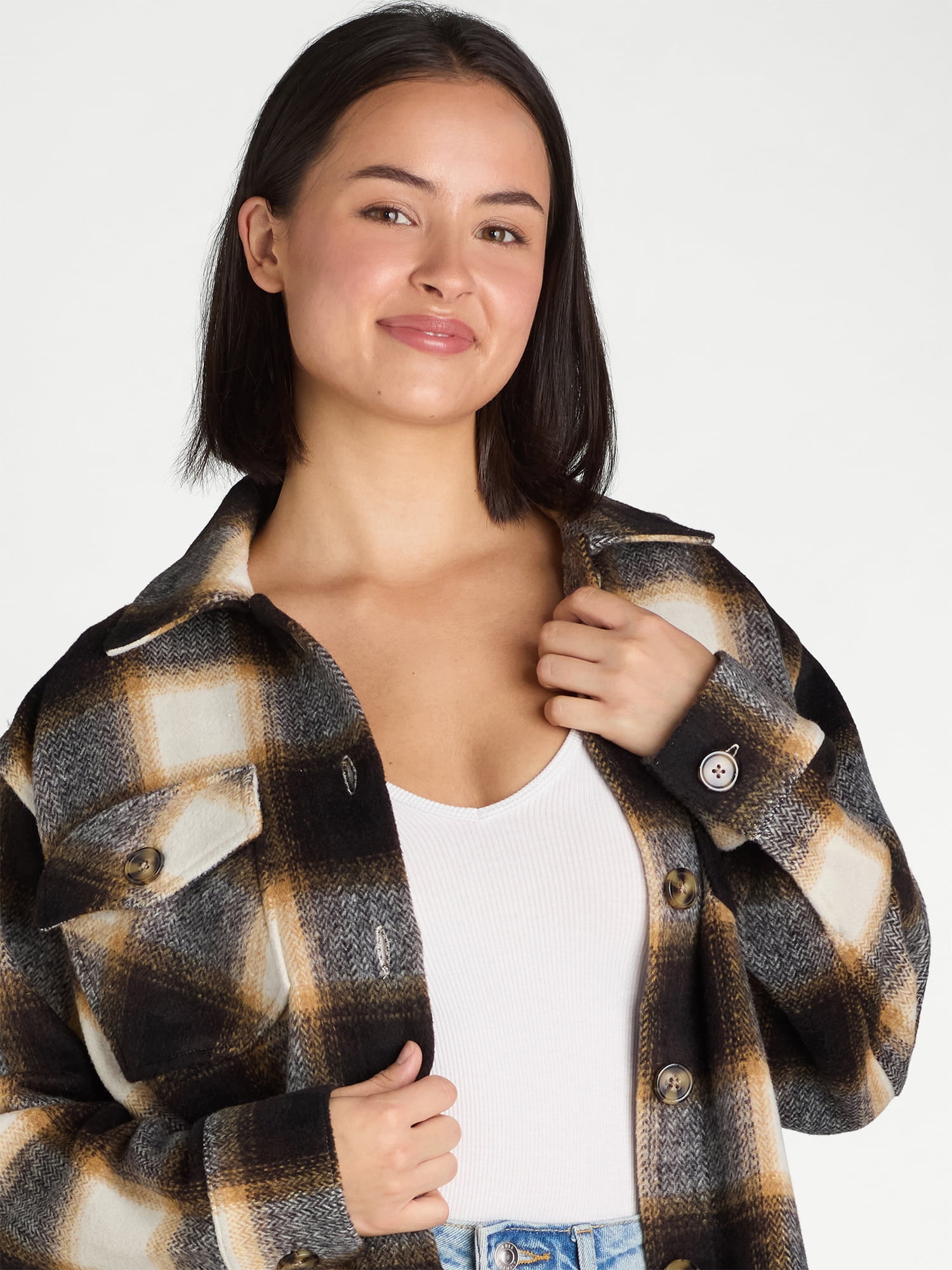 Time and Tru Women's Button Front Shacket, Sizes S-XXXL