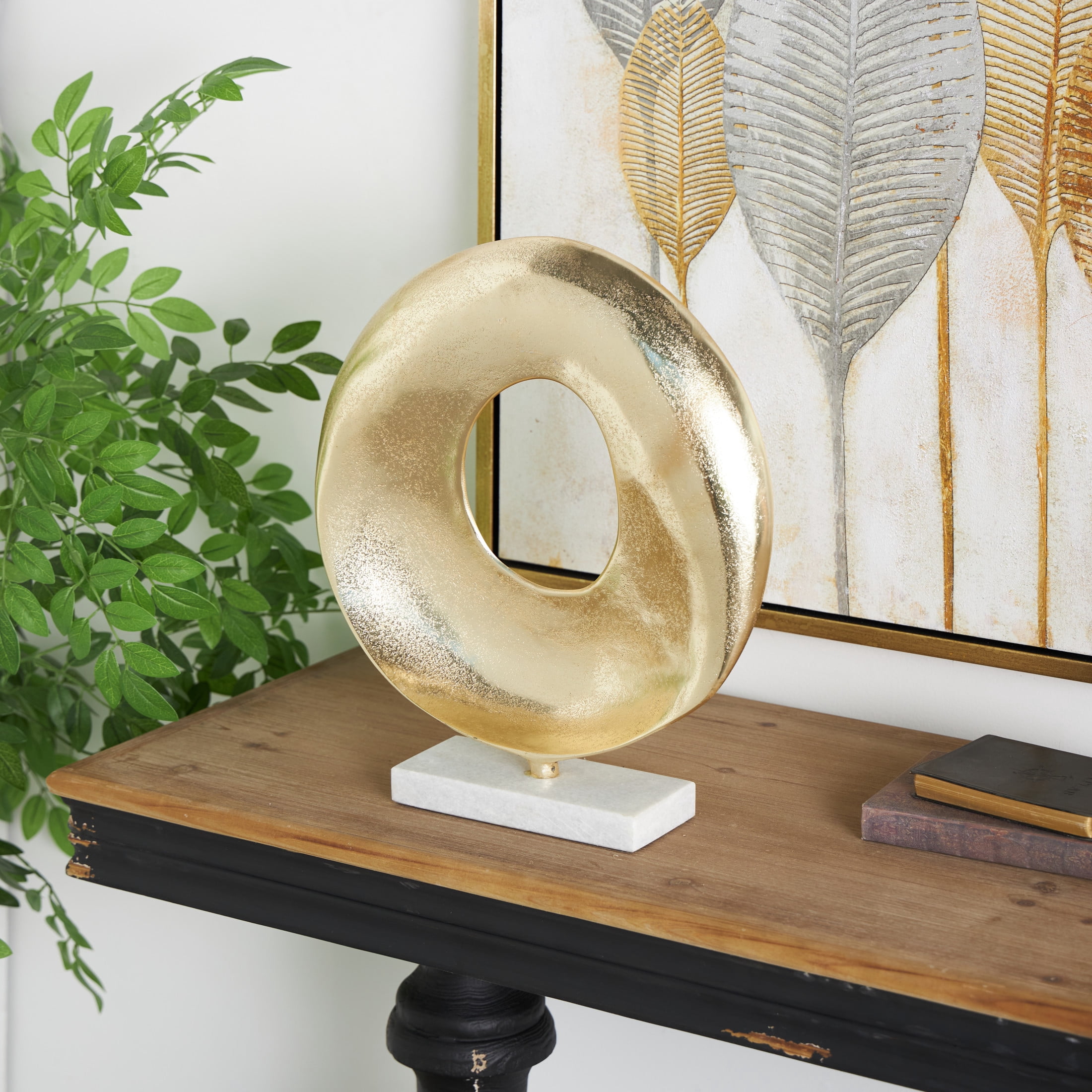 15" x 17" Gold Aluminum Metal Abstract Ring Geometric Sculpture with White Marble Base, by DecMode