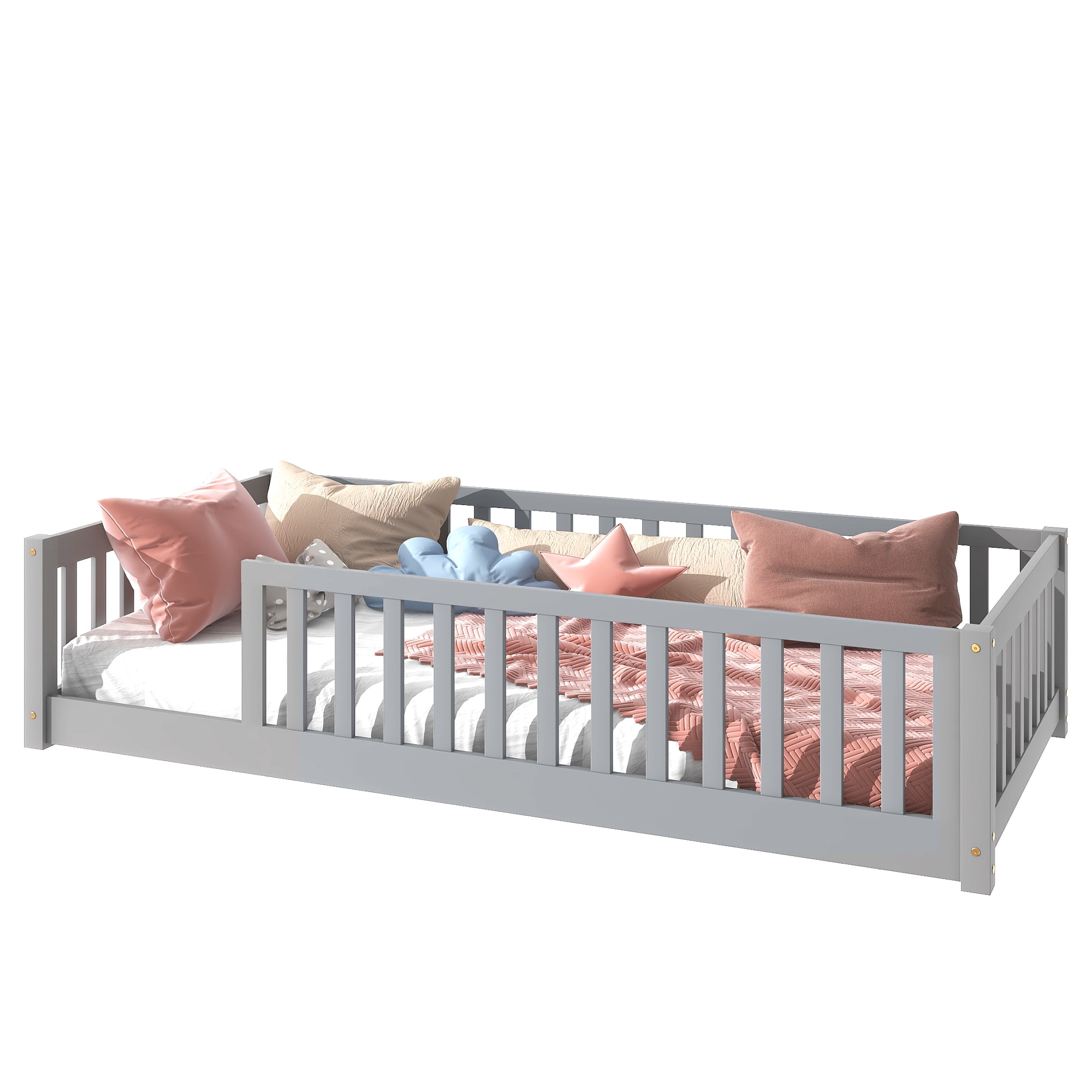 Sailvan Twin Floor Bed with Safety Guardrails,Solid Rubber Wood Fence Kids Bed Frame Grey