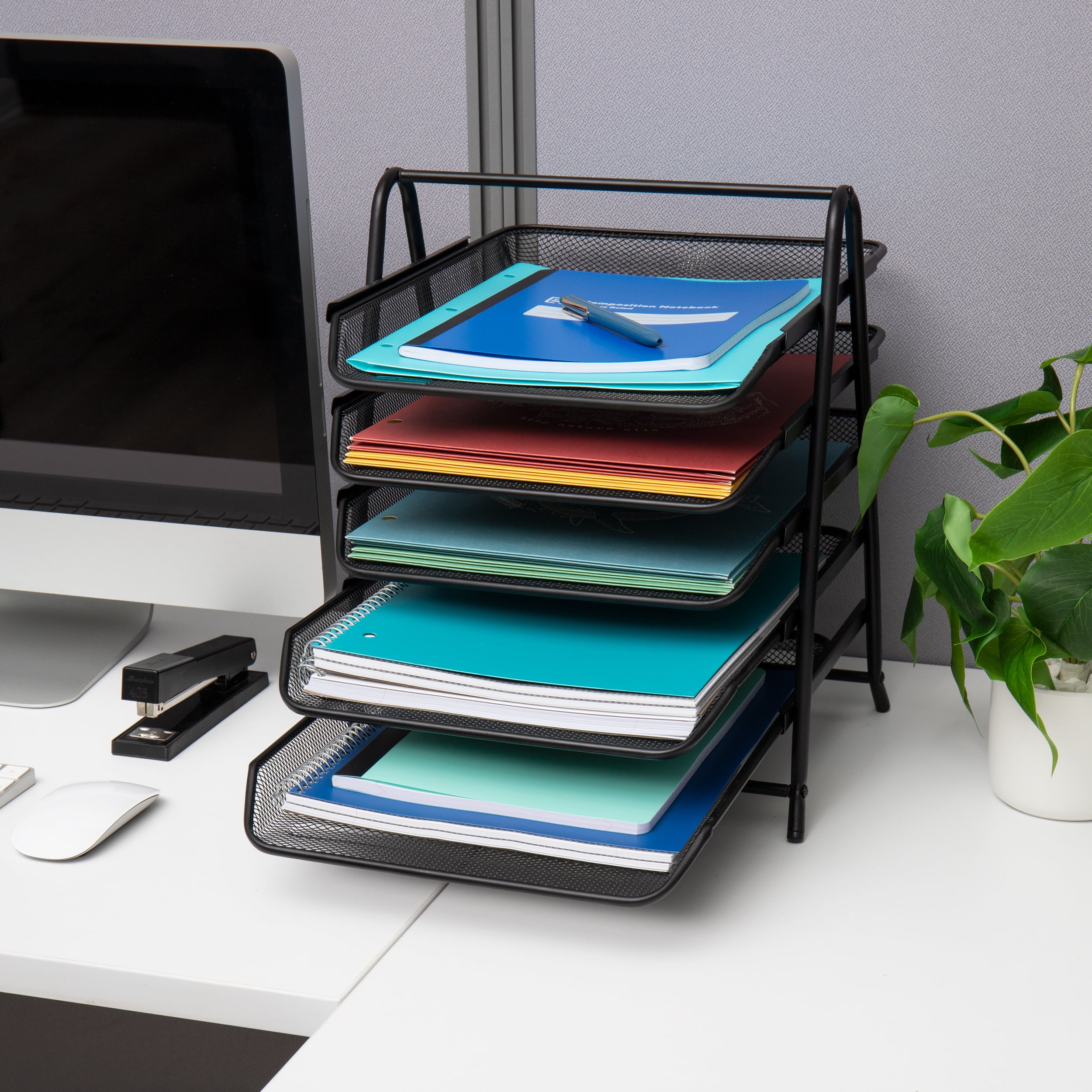 Mind Reader 5-Tier Paper Tray, Desktop Organizer, File Storage, Office, Metal Mesh, Set of 2, Black