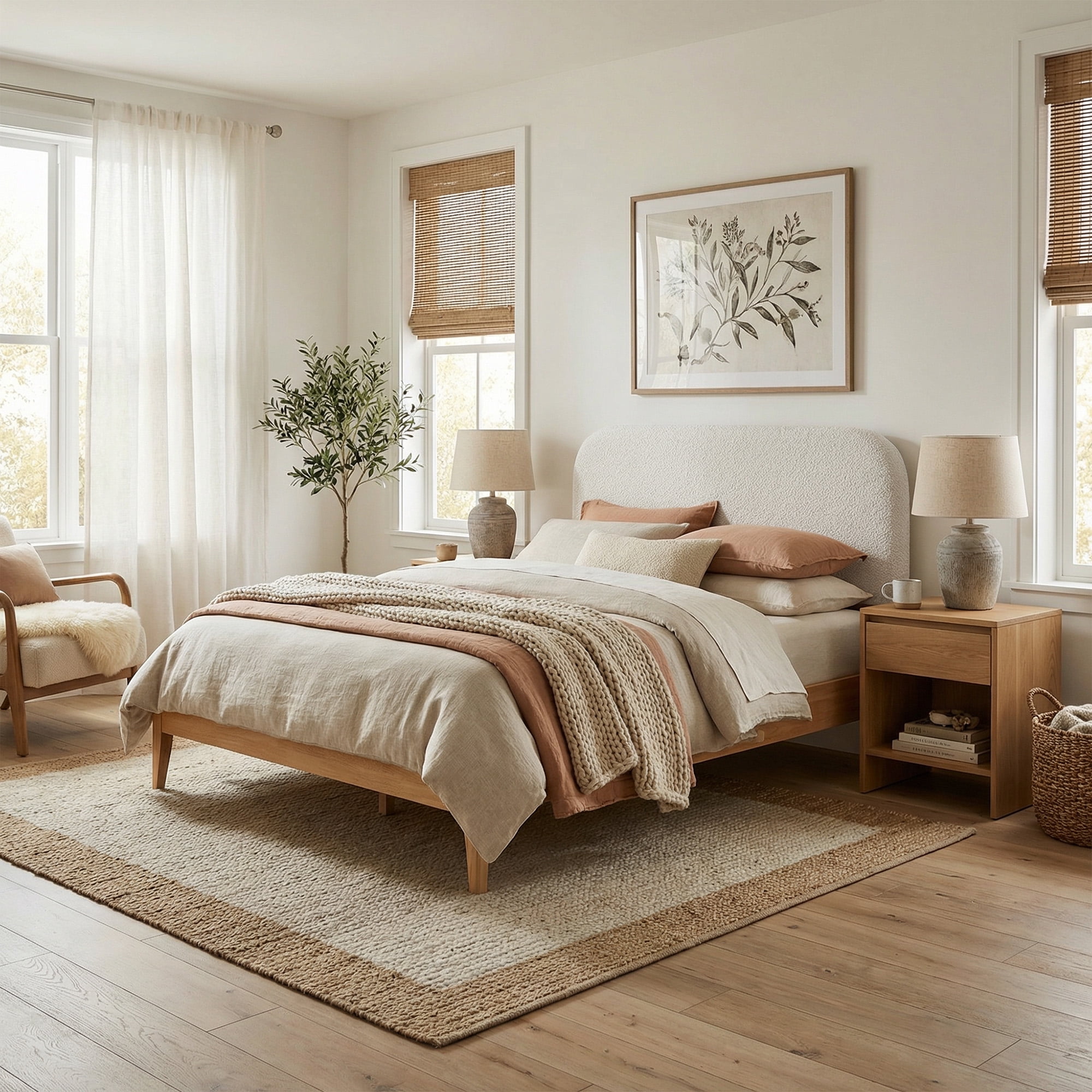 Spruce & Spring Modern Upholstered Bed Frame with Bouclé Headboard, USB & Type-C Charging Ports, Queen