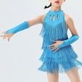 thumbnail image 2 of Doomiva Kids Girls Sequins Tassel Latin Ballroom Dance Dress Fringe Figure Skating Dress with Gloves Dancewear Sky Blue 13-14, 2 of 7
