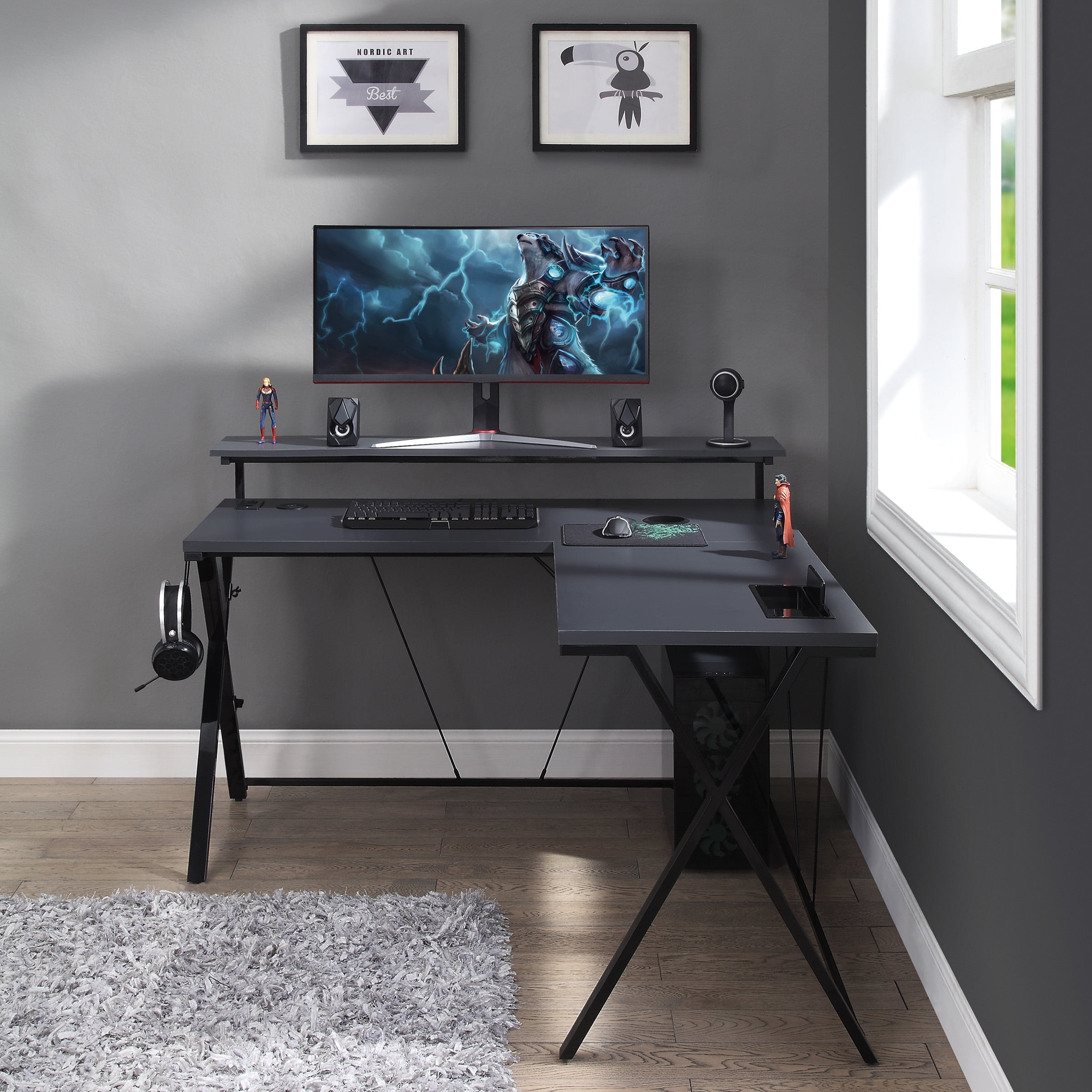 Checkpoint battlestation l shaped gaming cheap desk with rgb led lights