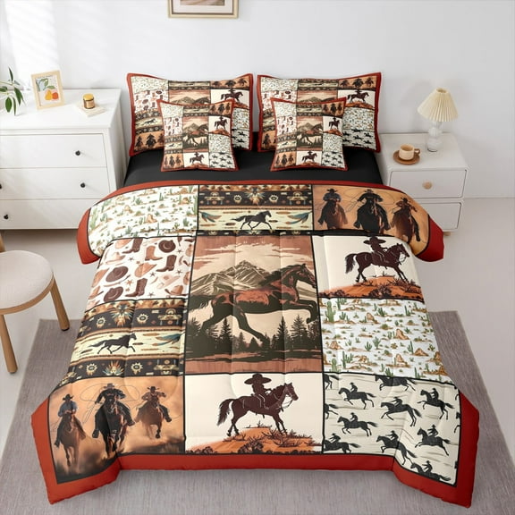 Manfei Cool Western Cowboy 7-Piece Twin Bedding Sets,Country Farmhouse Lodge Bedding Comforter Set,Tropical Desert Cactus Sheet Sets For Children,Breathable Home Decor Reversible