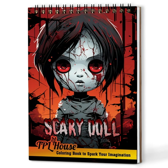 TPLHOUSE Scary Doll Coloring Book Spiral Bound for Adults, A5 Wooden Cover, 30 Creepy Coloring Pages of Haunting Doll Characters for Stress Relief and Relaxation