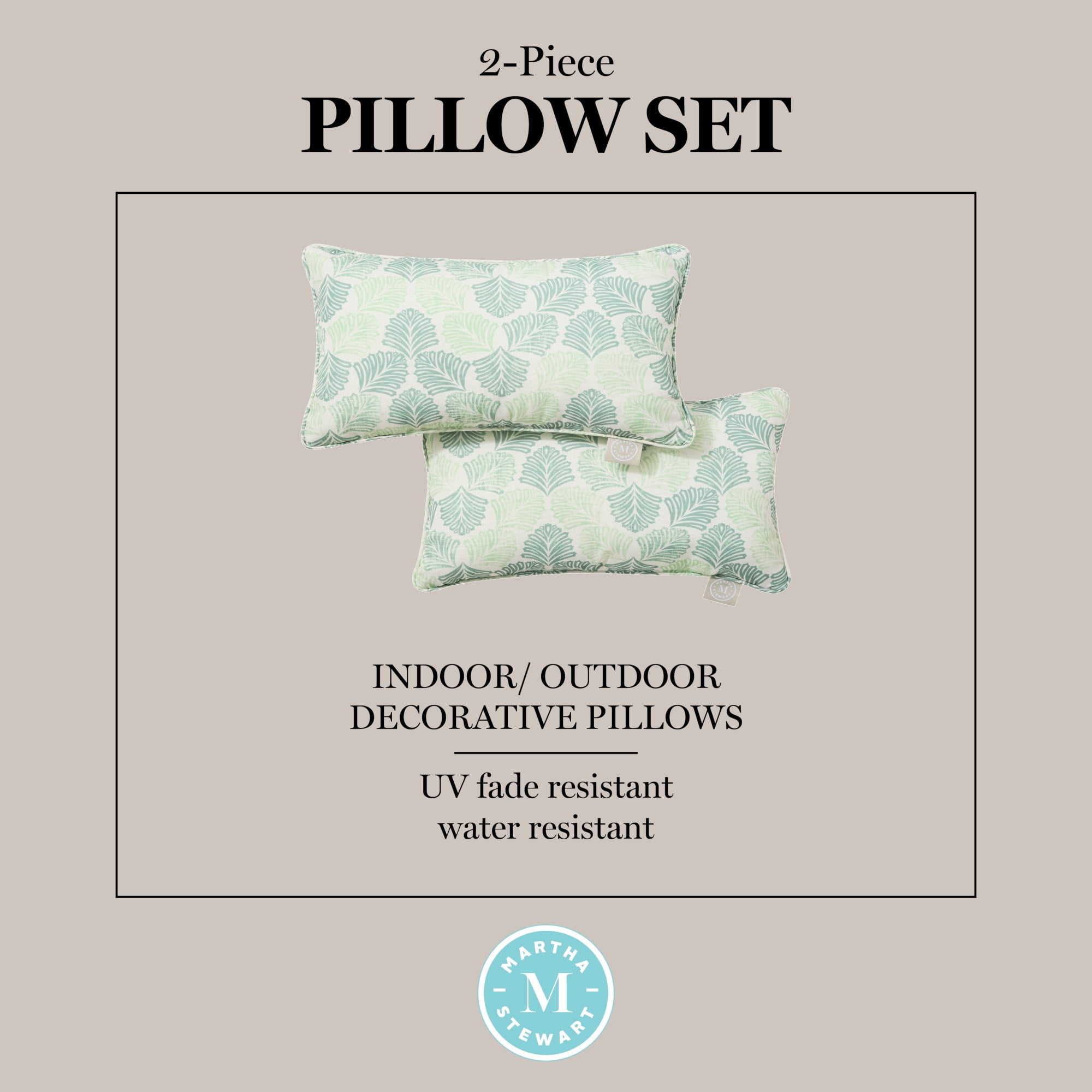 MARTHA STEWART Modern Banana Leaves Indoor Outdoor Decorative Lumbar Pillow 2-Pack Set, UV Fade Resistant, Water Repellent, Printed Tropical Design, Green, 11"x18"