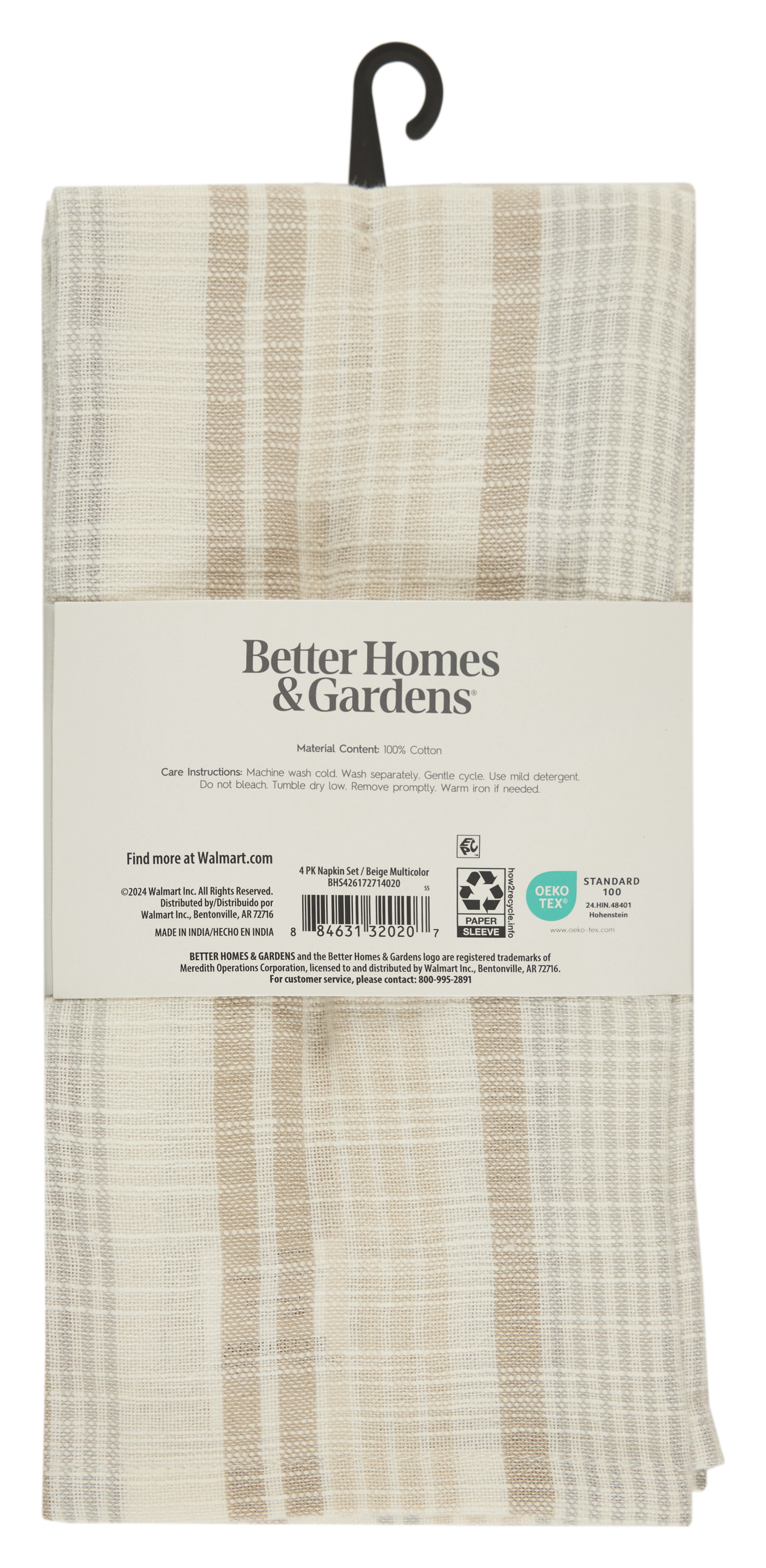 Better Homes & Gardens Woven Natural Stripe 4 Pack Napkin Set - 20" x 20" - Neutral - 100% Cotton