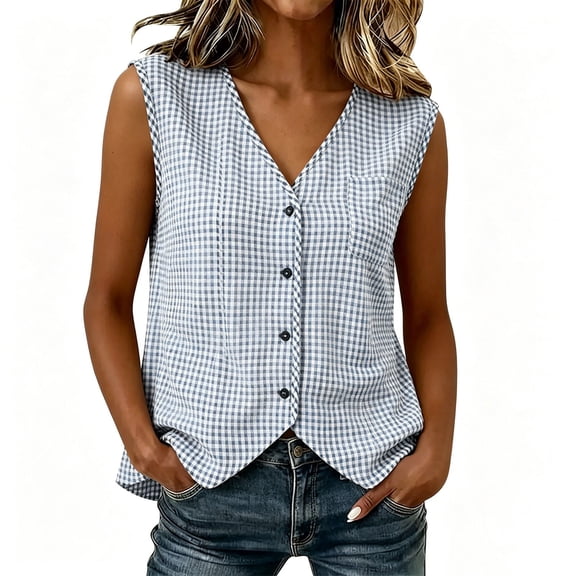GUACER Gingham Plaid Vest for Women Sleeveless Button Down V Neck Blouse with Pocket Casual Summer Tank Tops