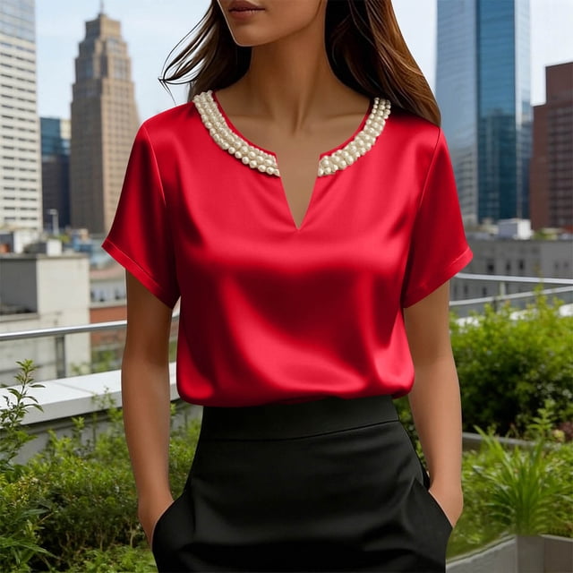 TaTaai Women's Loose Fit Summer Top Short Sleeve V-Neck Solid Color Pearl Accent Professional Office Casual Blouse Gift