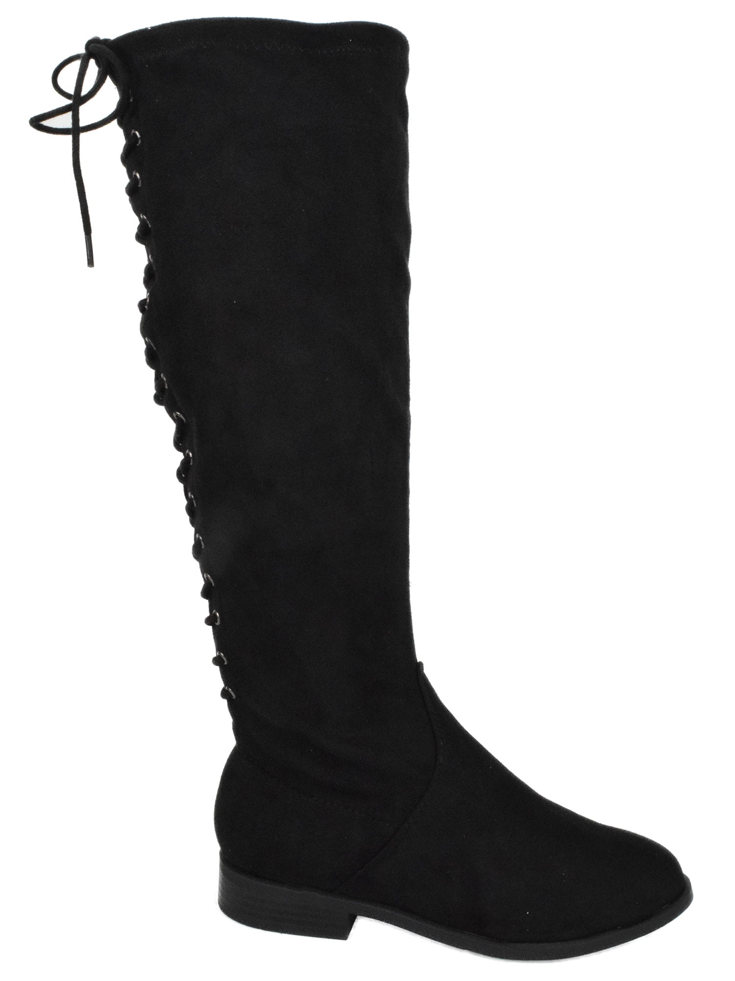 Liquid Black Suede Faux City Classified Women Flat Boots Side Zipper Back Lace Up Style Knee
