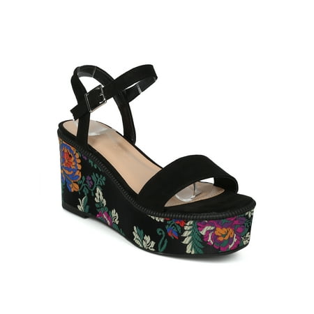 Diva Platform - New Women Faux Suede Floral Brocade Platform Wedge Heel - 17936 by Wild Diva