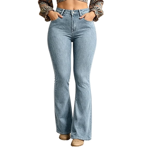 Flare Jeans for Women High Waisted Vintage Solid Color Summer Button Zipper Casual Denim Pants Casual Loose Fit Straight Denim Pants with Pocket