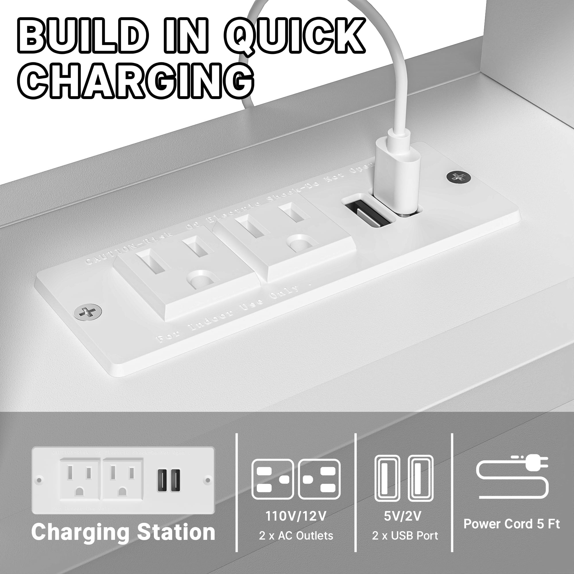 Yoneston Twin Bed with Wood Rattan Storage LED Light Headboard, Metal Platform Bed Frame with Charging Station for Kids Teens, White