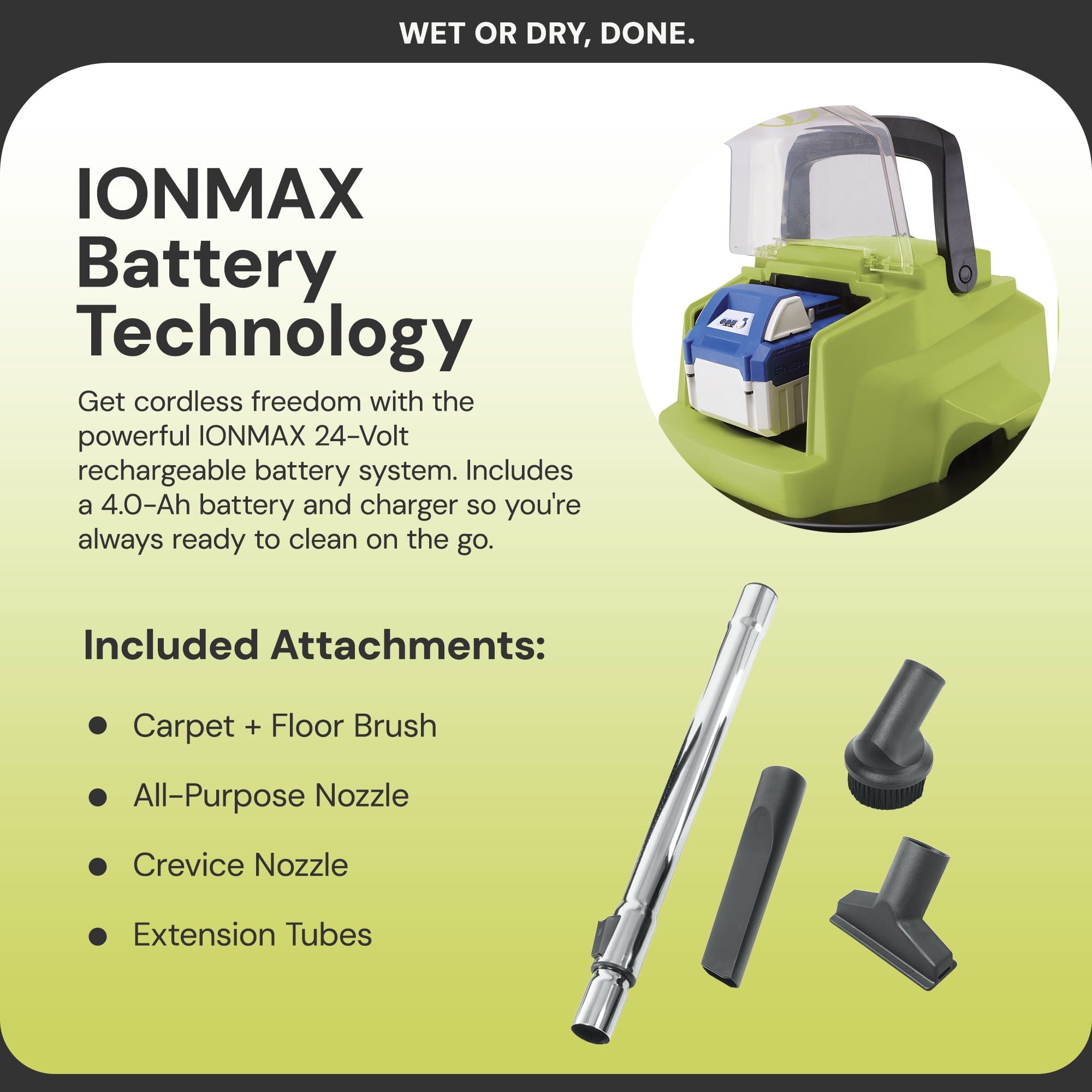 Sun Joe 24V Cordless Stainless Steel Wet or Dry Vacuum Kit, 5.3 Gallon, Green, 24V-WDV6000