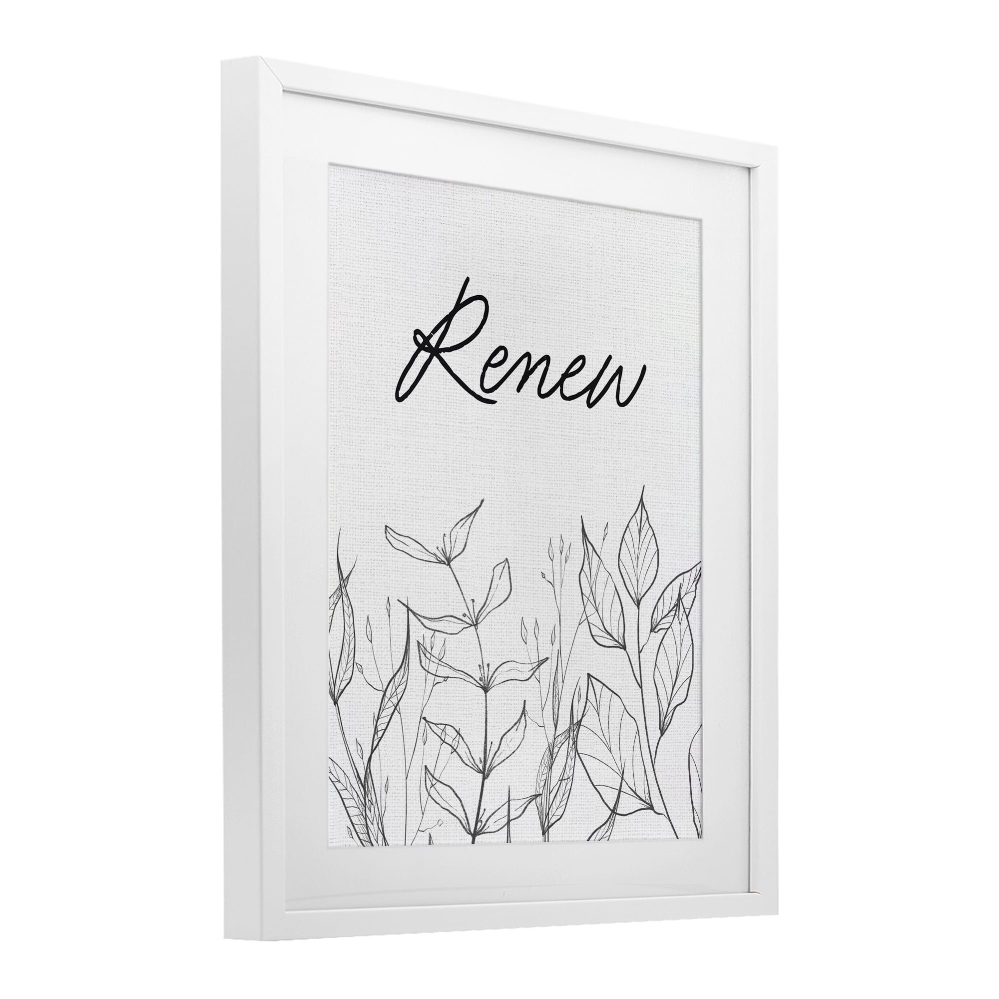 Renew with Leaf Outlines White Framed Print Under Glass, design by Lettered and Lined