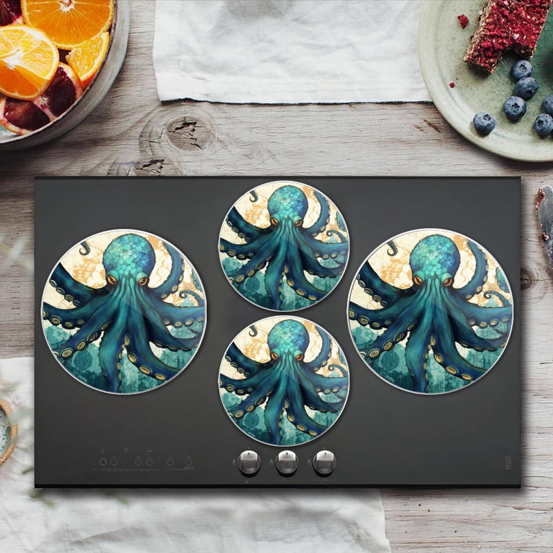 BaHomeck Electric Stove Burner Covers Set of 4,Round Metal Gas Stove Burner Covers 8 Inch and 10 Inch,Kitchen Decor,Teal Octopus With Intricate Tentacles