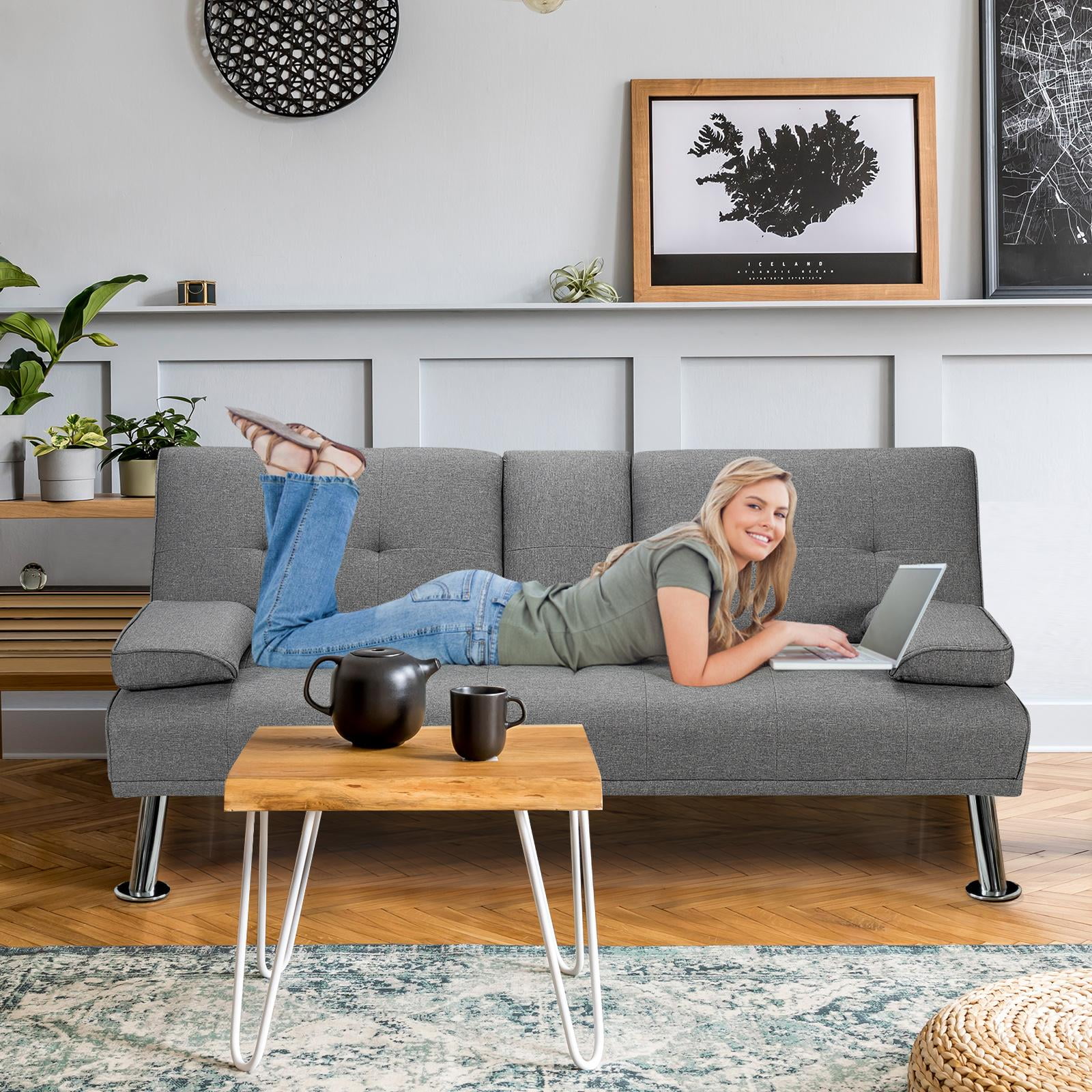 Giantex Convertible Futon Sofa Bed Folding Futon Sofa Sleeper W Adjustable Backrest 2 Cup Holders Removable Armrests Modern Linen Upholstered Futo