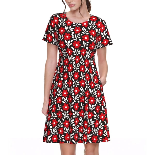 Fotbe Red Floral Vestido Largo de Moda para Mujer, Vestido Tipo Camiseta con Manga Corta y Estilo Casual a Rayas y Bloques de Color
