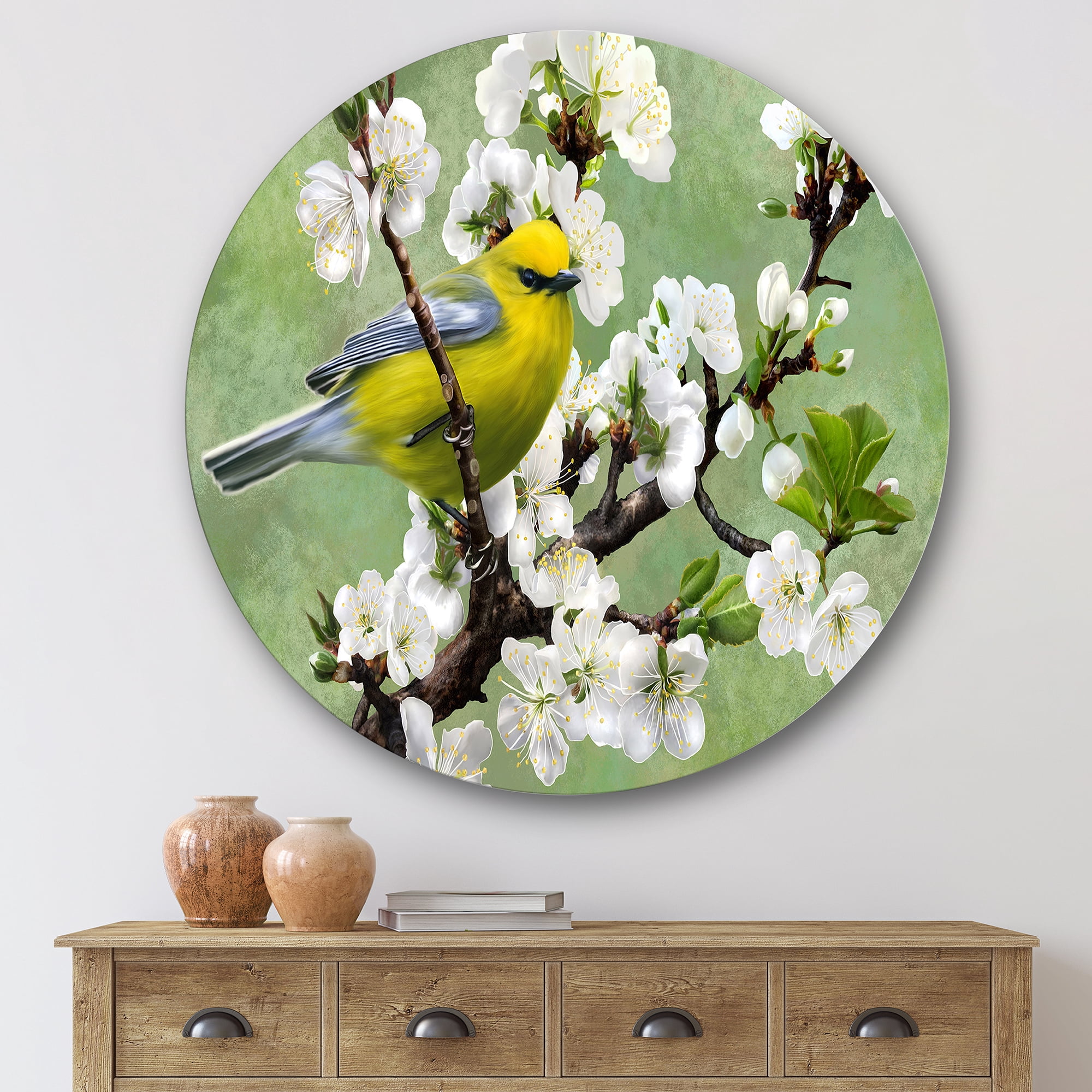 Designart 'Bird Sitting On A Branch of Cherry' Traditional Circle Metal Wall Art 29x29 - Disc of 29