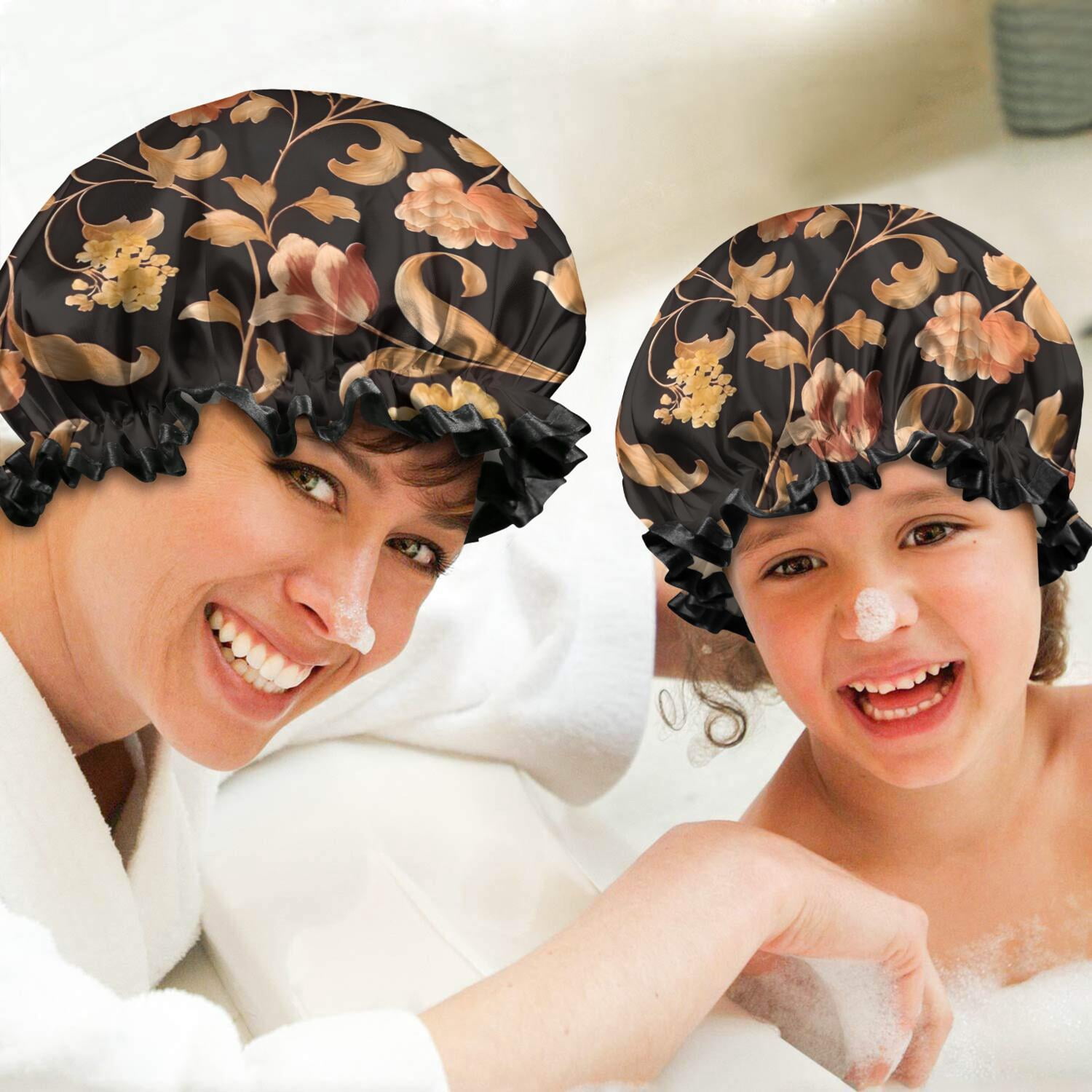Shower Caps,Pioneer Flower Floral Print Pattern Waterproof Shower Cap for Women 4 Pieces,Double Reusable Hair Cover for Shower PEVA Elastic Stretch Hem