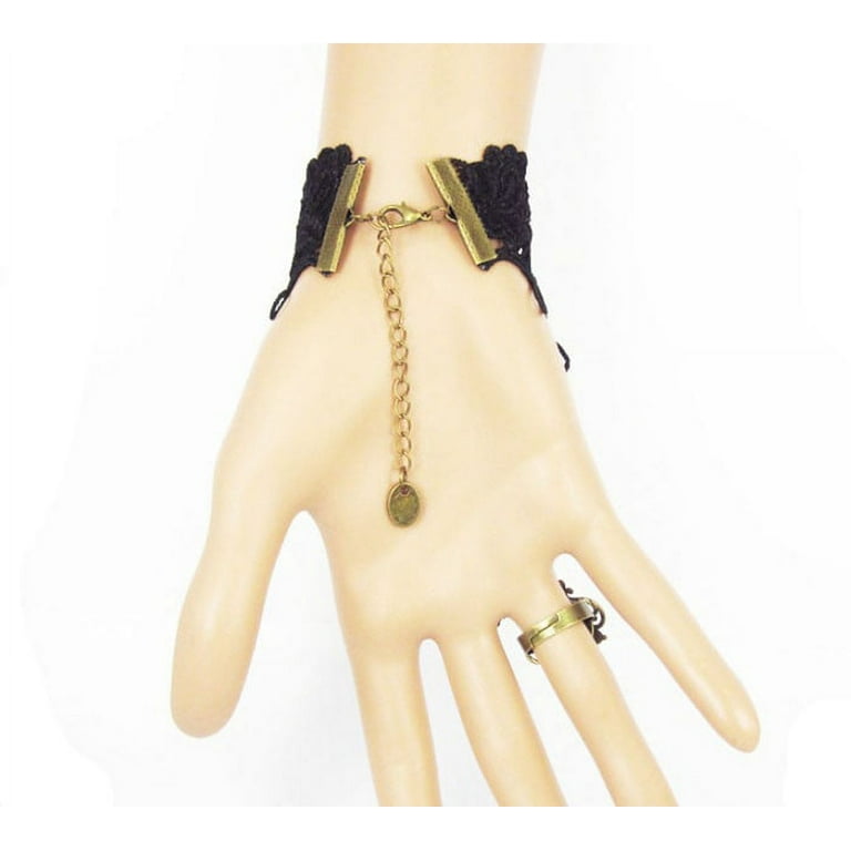 CHGBMOK Gothic Black Lace Bracelet with Finger Ring, Vintage