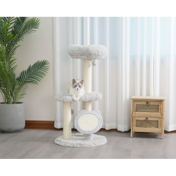 Petpals 37" Cat Tree with Cute Cat-shaped Sisal Scratching Mat with Free LED-Ball
