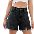 thumbnail image 2 of Women High Waisted Stretchy Casual Denim Shorts Front-Slit Frayed Hem Summer Trendy Jorts Black & Gray XXL, 2 of 9