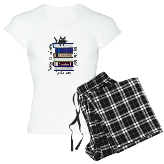 CafePress - Home Is Where Cat And Books Are Pajamas - Women's Short Sleeve Print T-Shirt and Pants Light Cotton Pajama Set